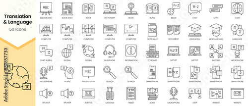 Simple Outline Set of Translation and Language icons. Linear style icons pack. Vector illustration