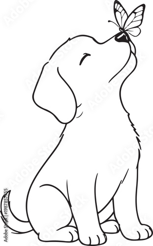 A simple black-and-white line drawing of a cute puppy sitting and gently sniffing a butterfly perched on its nose, evoking innocence, curiosity, tenderness and playful pet companionship