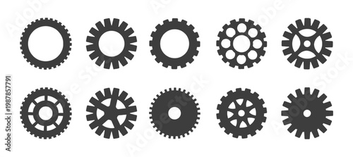 vector illustration. Icon set of black line art gears on white background.