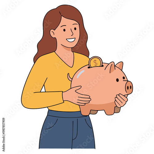 A woman holds and smiles while putting a coin into a pink piggy bank.