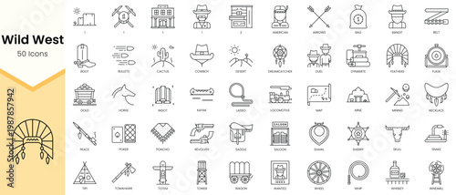 Simple Outline Set ofWild West icons. Linear style icons pack. Vector illustration