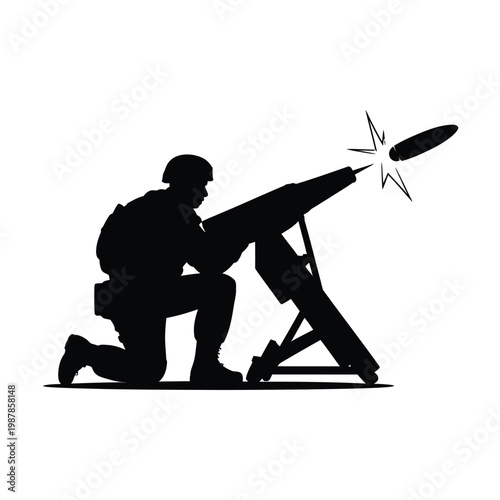 Silhouette of soldier firing mortar weapon during military combat mission in field defense operation.