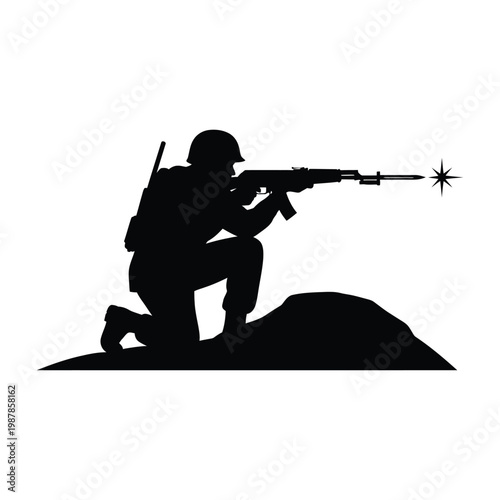 Soldier aiming rifle with laser sight, targeting enemy, combat stance.