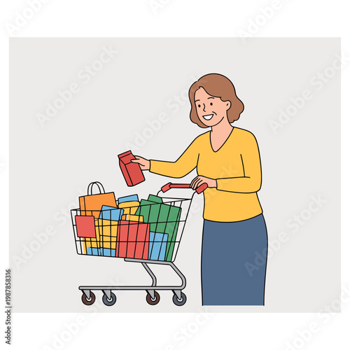 Woman shopping with colorful bags in cart at store