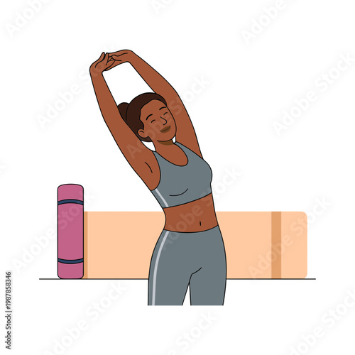 A woman is stretching her arms up in a fitness studio with a yoga mat.