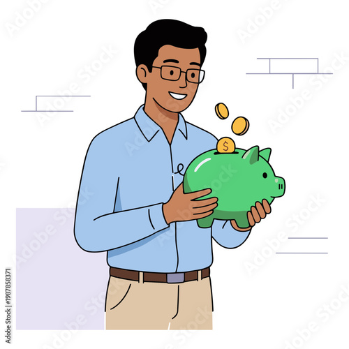 A man in a blue shirt putting coins into a green piggy bank indoors with a smile
