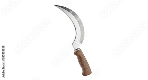 Curved metal sickle with wooden handle