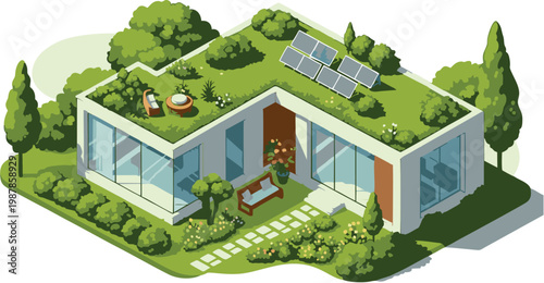 Modern Eco-Friendly Sustainable Residential House Architecture Featuring Green Roof Garden Solar Panel Energy System and Glass Walls in Sunny Garden