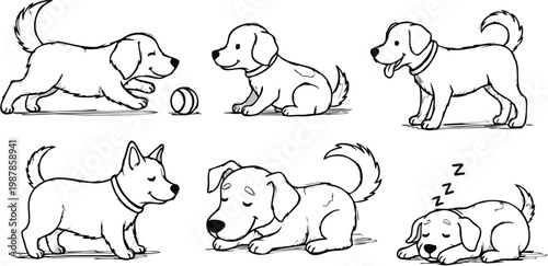 Cute Golden Retriever Puppy Character Sketches Collection Showing Various Poses Including Playing with Ball Sitting Standing Sleeping and Running