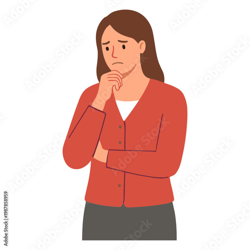 A worried woman thinking with her hand on her chin standing alone
