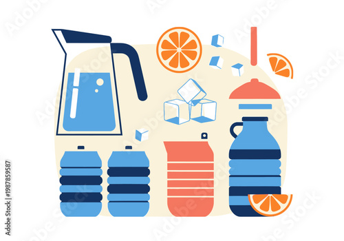 Flat Vector Illustration of Refreshing Summer Beverages with Water Pitcher, Ice Cubes, Orange Slices, and Hydration Bottles