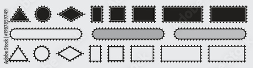 Set of Postage stamp border,  set, mockup postage stamps. Black postage stamp borders templates.