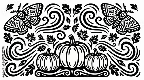 Autumn Pumpkins and Butterflies Folk Art Ornamental Black Vector Design