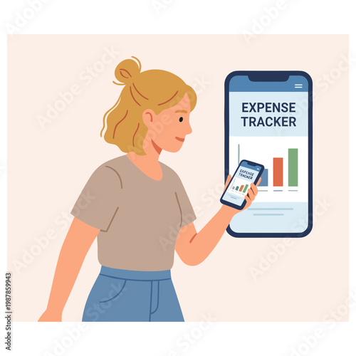 Woman uses her smartphone to track expenses on a mobile app outdoors