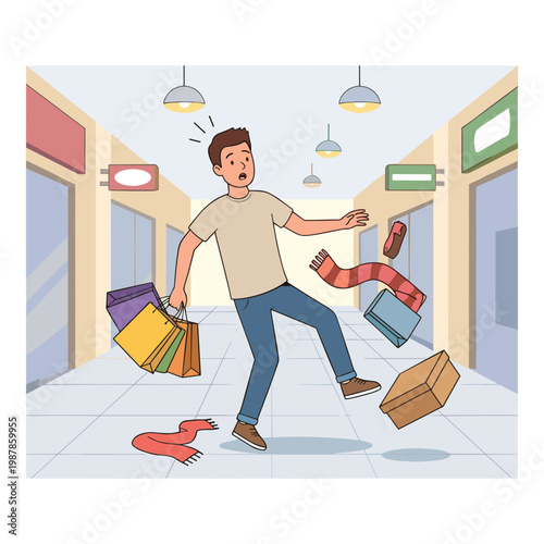 Man runs quickly through shopping mall with scattered packages falling