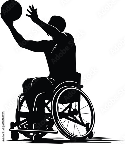 Dynamic Black and White Silhouette Illustration of an Athlete Competing in Wheelchair Basketball Reaching High to Catch or Shoot a Large Ball