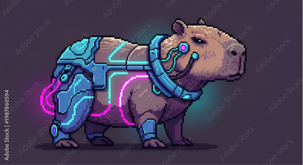 Obraz premium Pixel Art Cyberpunk Capybara with Futuristic Robotic Armor and Neon Lights