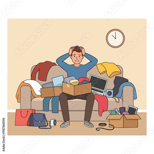 A stressed man sits on a couch surrounded cluttered boxes and clothes indoors.
