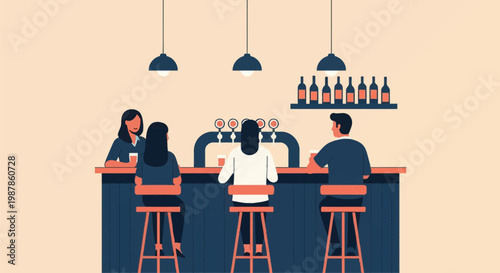 Minimalist flat illustration of people sitting at a bar counter with beer taps, drinking beverages and talking to a female bartender under three hanging pendant lights.