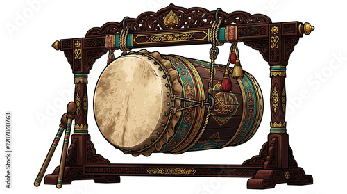 Ancient Gamelan Instrument Depiction Javanese Drum Instrument Indonesian Culture Art Musical Percussion Traditional Music Artistic Symbolism Heritage