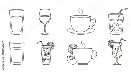 Set of eight minimalist black and white line art beverage icons featuring wine glasses, steaming coffee mugs, water glasses, and cocktails with straws and citrus fruit garnishes.