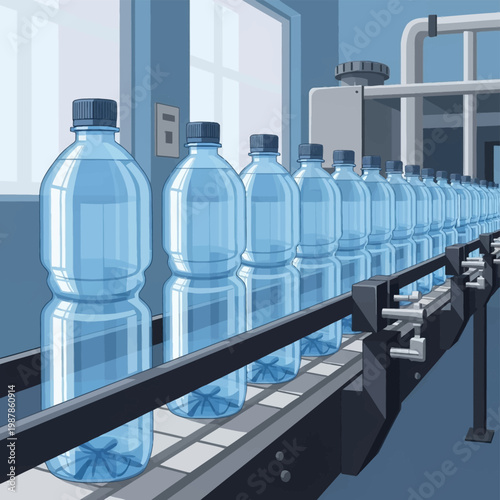 Vector illustration of an automated production line with a row of blue plastic mineral water bottles moving on a conveyor belt in a modern industrial bottling factory.