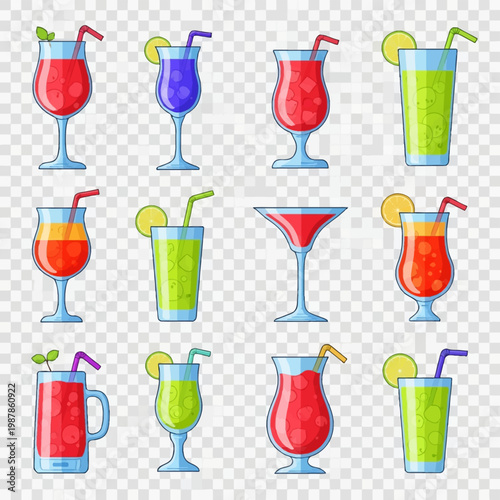 Twelve colorful vector cocktail illustrations featuring various glassware styles like hurricane, martini, and highball glasses with straws, lime garnishes, mint, and ice cubes.