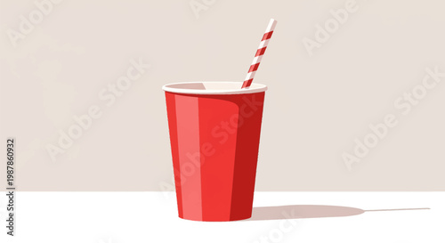 Vector illustration of a red disposable paper cup with a red and white diagonal striped drinking straw, set on a white surface against a neutral tan background with simple shadows.