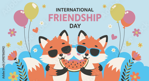 Friendship Day Two cute foxes sharing watermelon slice celebrating international friendship day vector illustration