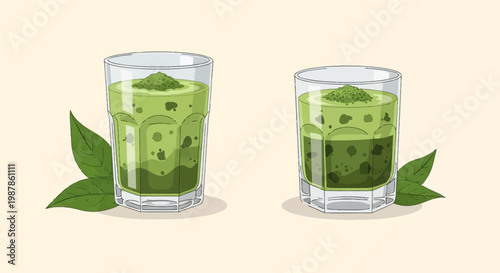 Flat vector illustration of two glasses containing iced matcha green tea with green tea powder on top and fresh tea leaves, layered beverage in faceted clear glassware on beige.
