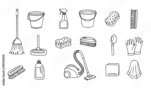 Cleaning tools doodle vector set hand drawn household equipment outline icons