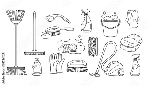 Cleaning tools outline collection vector hand drawn doodle household design