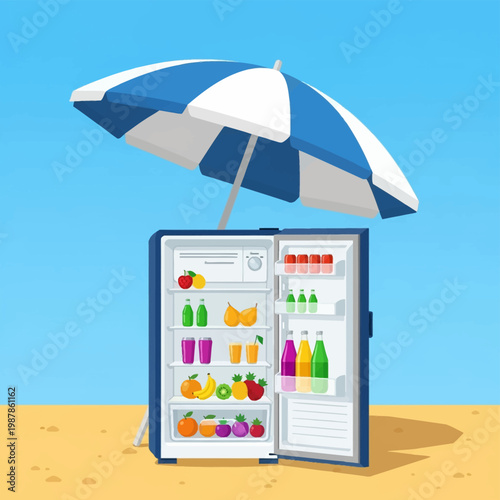 Open refrigerator containing fruits, soda cans, and glass bottles standing on sand under a blue and white beach umbrella against a clear blue sky background, vector illustration.