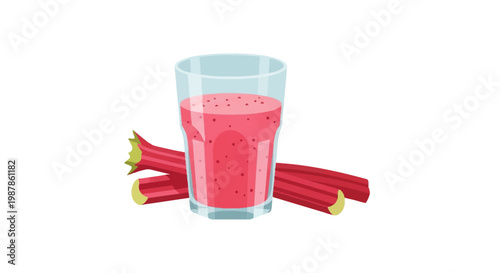 Vector illustration of a pink rhubarb smoothie in a faceted glass cup alongside raw red rhubarb stalks, isolated on white background. Cold beverage made from plants for nutrition.
