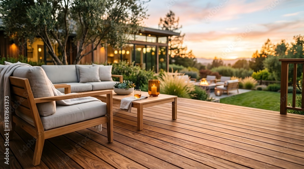 Obraz premium empty backyard deck with outdoor dining table, bright daylight, crisp shadows, focus on floor material, copy space on top