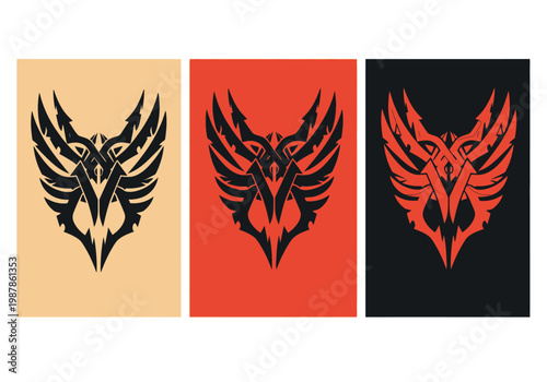 Set of 3 Stylized Tribal Wing Emblems and Heraldic Crests in Red, Black, and Tan Variations