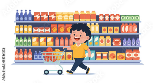 Cartoon illustration of a happy young boy pushing a small shopping trolley filled with fruit past supermarket shelves stocked with colorful bottles, jars, and food packages.