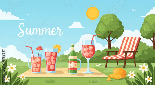 Vector illustration of a summer picnic scene with iced red drinks, a bottle, and orange slices on a mat, featuring a striped lounge chair, green trees, flowers, and a bright sun.