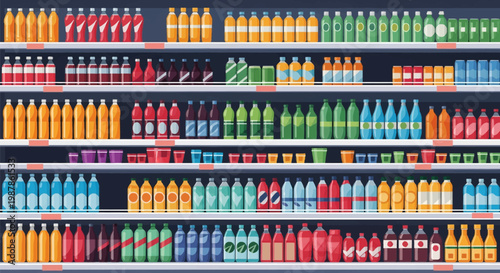 Flat vector illustration of supermarket retail shelves stocked with various beverage bottles and cans, including soda, juice, and water arranged in organized rows for retail display.