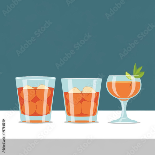 Flat vector illustration of three alcoholic beverages featuring two lowball glasses with ice cubes and one stemmed cocktail glass with a lime slice garnish on a teal background.