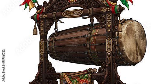 Ancient Gamelan Drum Artwork Rich Cultural Heritage Display Crafted with Intricate Engravings  Ornate Decorations Showing Symbolism  Ethnic Significance.