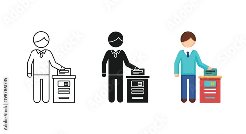 Professional businessman using a modern voting machine for an election in this set of colorful flat vector graphic designs illustrating the democratic polling process concept