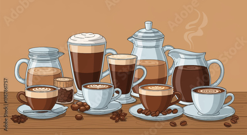 Vector illustration of various coffee drinks including latte macchiato, cappuccino with latte art, espresso, and moka pot on a wooden table with roasted coffee beans and star anise spices.