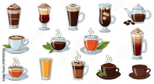 Vector illustration set of various hot and cold beverages including mocha with whipped cream, latte art, cappuccino, iced coffee, espresso, teapot, orange juice, and herbal tea icons.