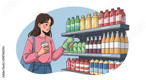 Young woman in a pink sweatshirt and blue jeans shopping for drinks in a supermarket, holding a cup and selecting a green can from a shelf filled with colorful bottles and juices.