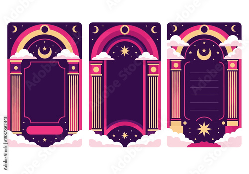 Mystical Celestial Tarot Card Templates with Pillars, Crescent Moon, and Stars Flat Vector Illustration