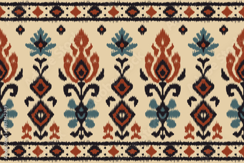 Ethnic tribal ikat seamless pattern. Inspired by American and Mexican styles. Ideal for textile, carpet, wallpaper, background, clothing, embroidery, and batik design.