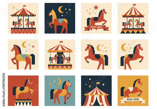 Vintage Carousel Horse and Circus Icon Set. Retro Flat Vector Illustration of Carnival Fairground and Magic Horses with Moon and Stars Elements.