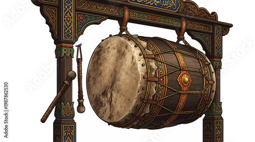 Ancient Barrel Drum and Mallets in Elaborate Wooden Framework Historical Percussion Instrument Cultural Artifact Textured Surface Artwork Musical Tone Artistic Render