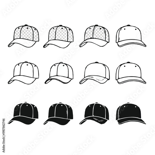 Variety of baseball caps in different styles and colors